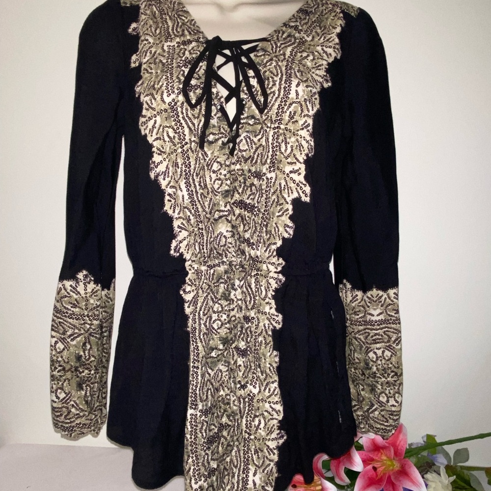 Free People Black and Cream Embellished Tie Front Blouse
